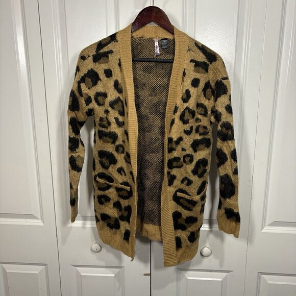 Love by Design M Leopard Print Cardigan Women Tan Open Front Boho Fall Layering - Picture 1 of 7